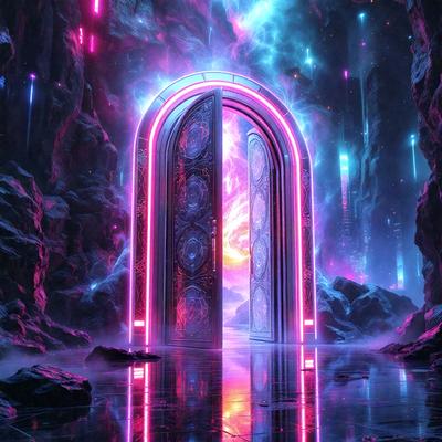 The primary subject of the image is a large, colorful doorway with a purple and pink glow. The doorway is situated in a cave-like setting, with a backdrop of a purple sky. The visual style of the image is digital art, as it appears to be a computer-generated or digitally rendered scene. The dominant colors in the image are purple and pink, creating a vibrant and lively atmosphere.